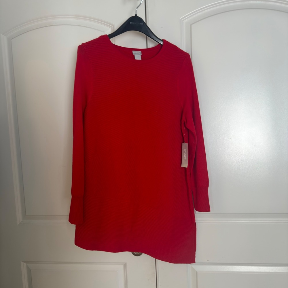 Chicos Asym Hem Ribbed Tunic Sweater Wild Poppy Red 570334609 Size 1 M NEW